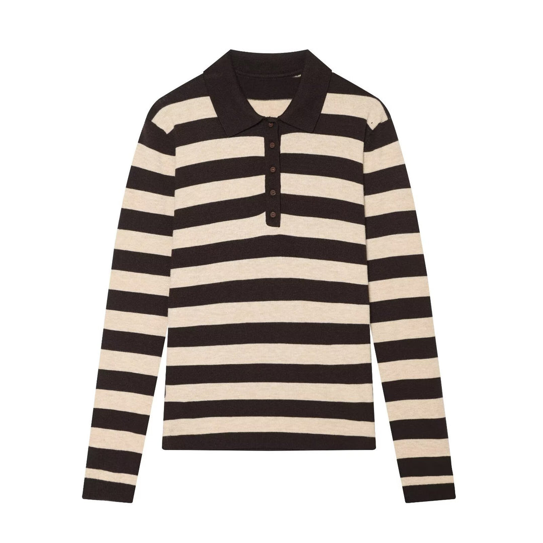 Women Striped Fine Knit Polo with Button Placket and Shirt Collar Mune Fashion
