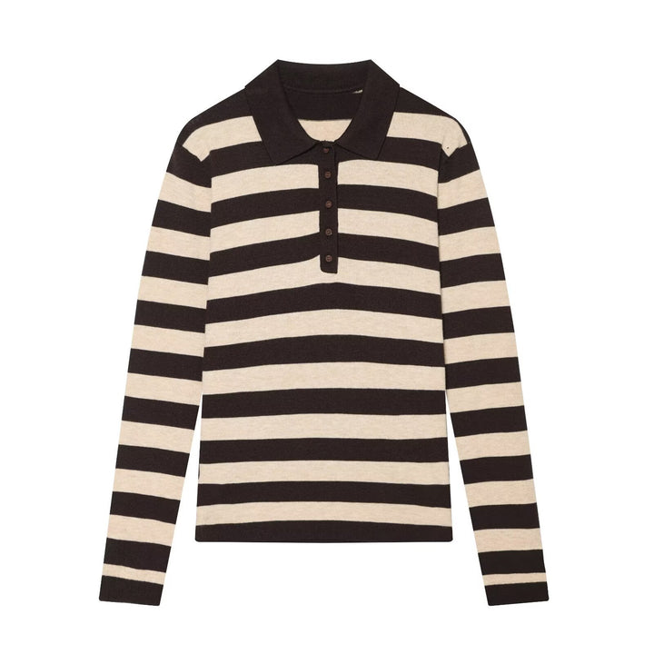 Women Striped Fine Knit Polo with Button Placket and Shirt Collar Mune Fashion