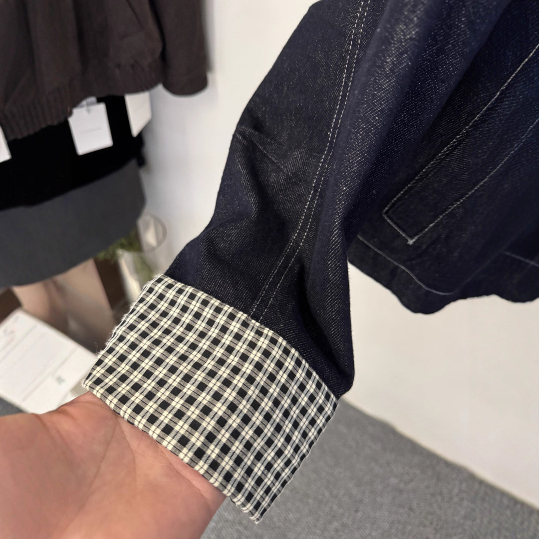 Women's Short Cut Denim Jacket with Contrasting Check Cuffs Mune Fashion
