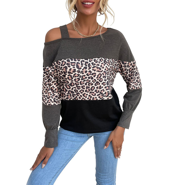 Women's Casual Off-Shoulder Sweater with Leopard Print, Contrast Blocks and Spaghetti Straps Mune Fashion