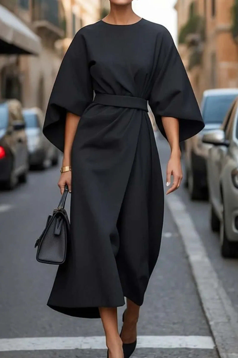 Ladies Elegant Midi Dress with Wide Kimono Sleeves, Tailored Belt and Draped A-Line Mune Fashion