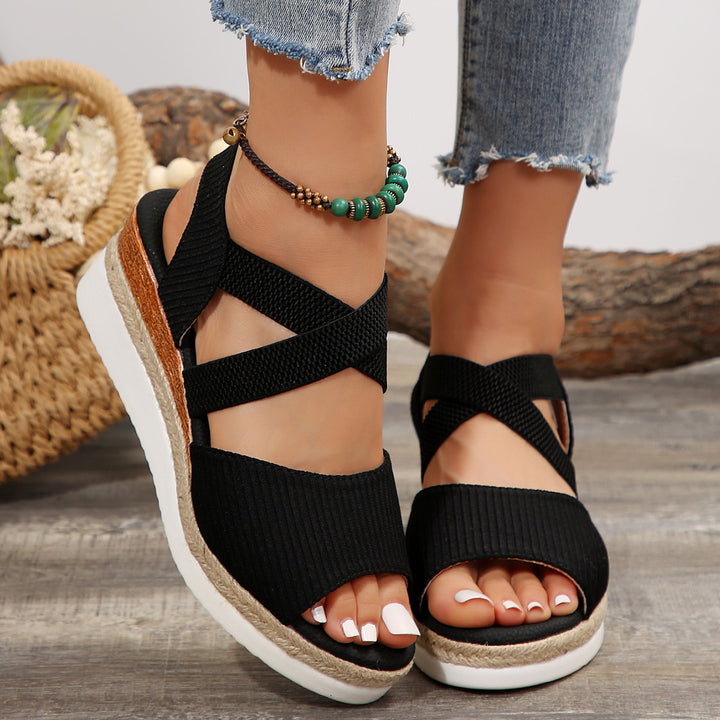 Women's Comfort Wedge Sandals with Elastic Cross Strap and Braided Platform Sole Mune Fashion