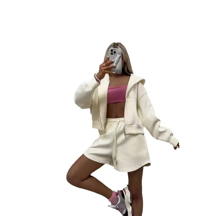 Women nan short hoodie sweatshirt with zipper and elastic high-waist relax shorts set Mune Fashion