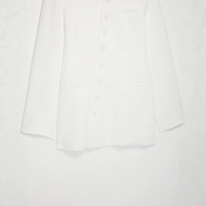 Women's Mandarin Collar Long Blazer with Button Placket and Patch Pockets Mune Fashion