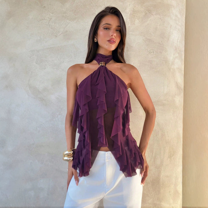 Women's Chiffon Halter Top with Decorative Metal Ring and Layered Ruffles Mune Fashion