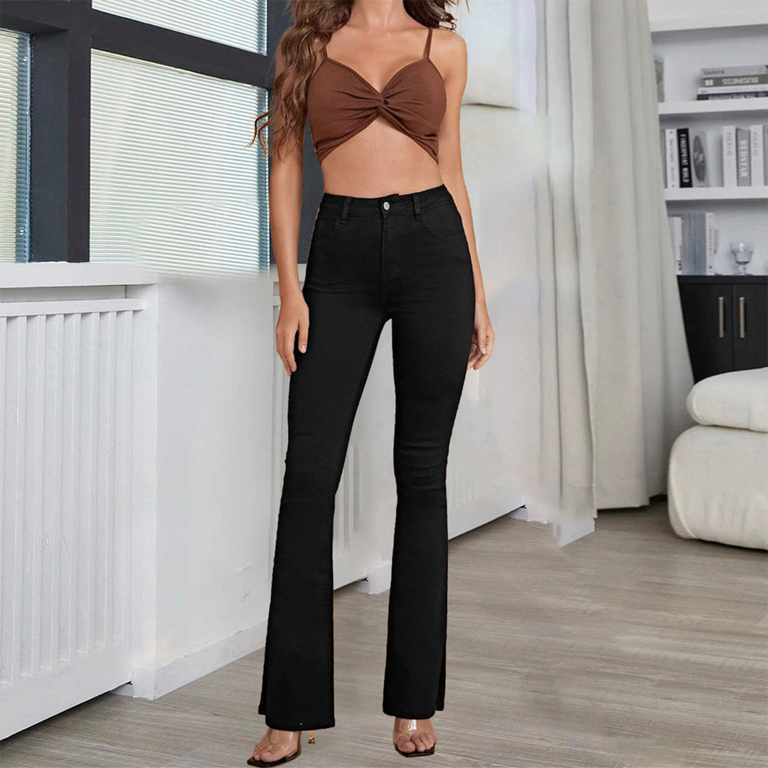 Women’s high-waisted flared trousers made of stretch denim with a center seam and figure-hugging cut Mune Fashion