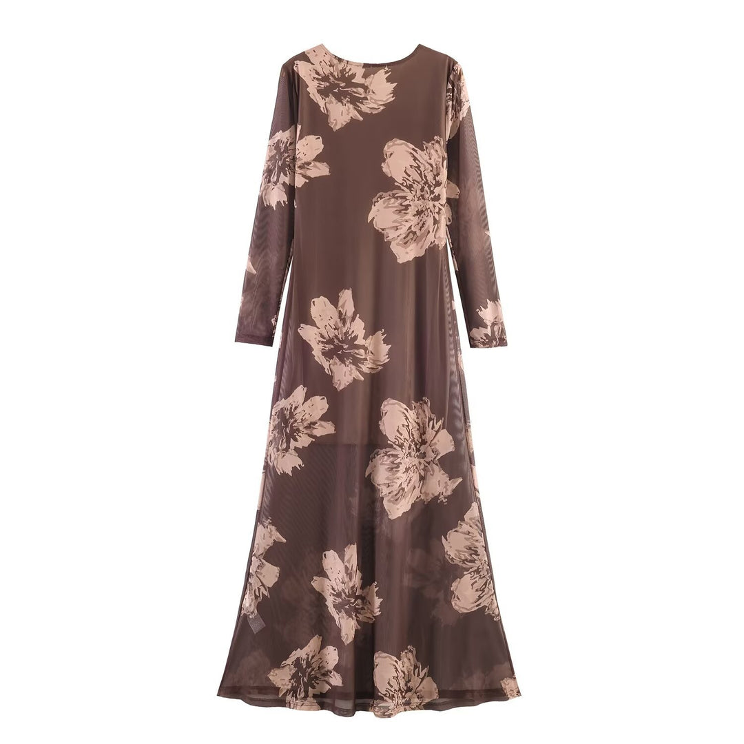 Women’s maxi dress with semi-transparent mesh overlay, long sleeves, and flared A-line Mune Fashion