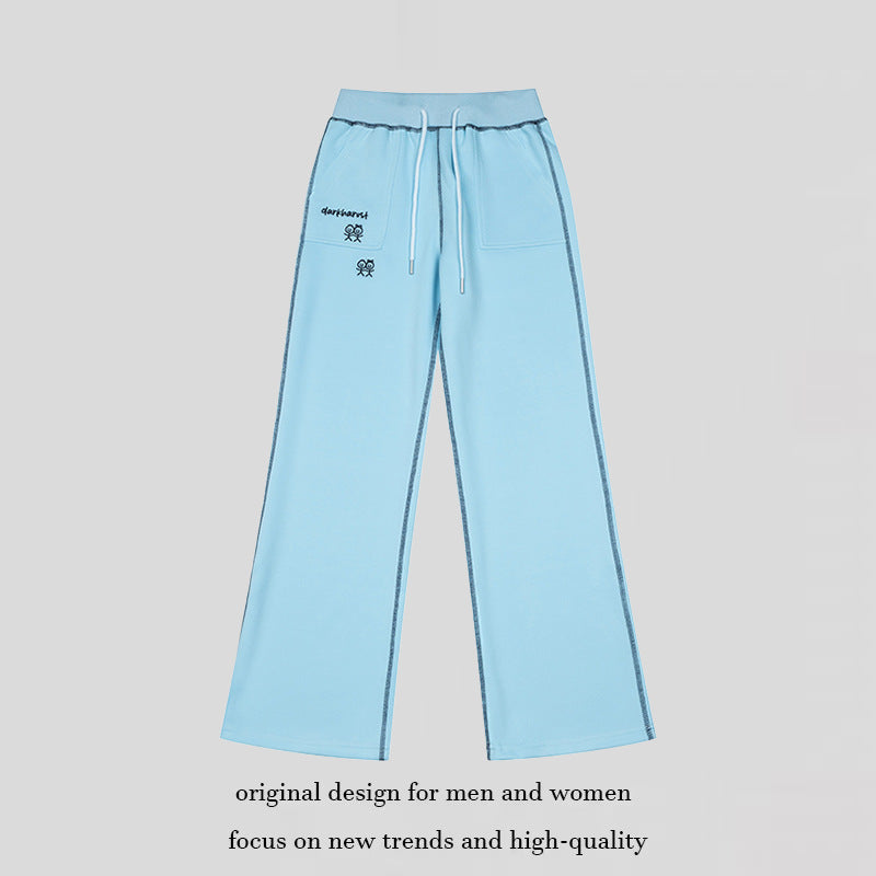 Women's Wide Lounge Pants with High Waist, Drawstring and Contrast Stitching Mune Fashion
