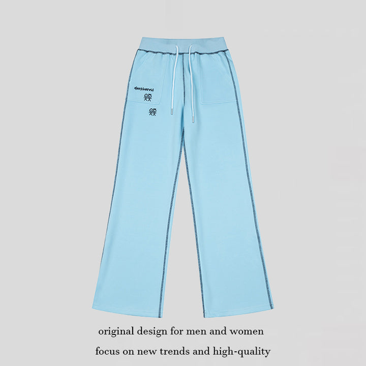 Women's Wide Lounge Pants with High Waist, Drawstring and Contrast Stitching Mune Fashion