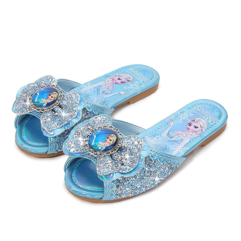 Girl Glittering Slippers with Flower Application Mune Fashion