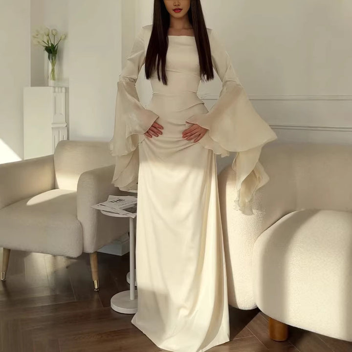 Women evening dress with square neckline, transparent bell sleeves and draped waist section Drune