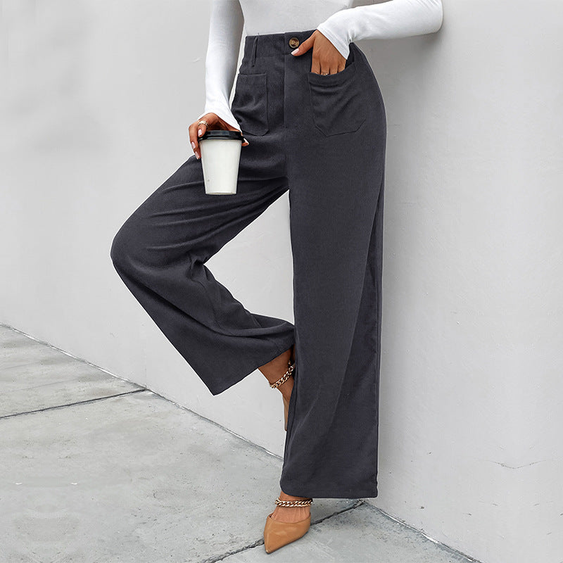 Women's wide corduroy pants with high waist, patch pockets, and wide legs Mune Fashion