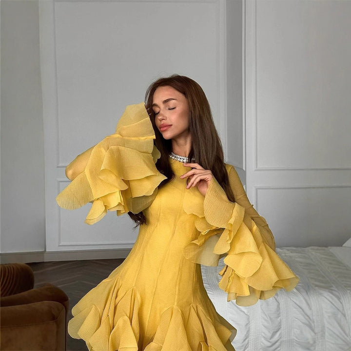 Ladies Ruffled Chiffon Mini Dress with Ruffles and Transparent Sleeves Mune Fashion