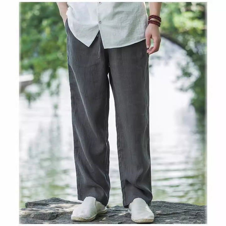Men's light linen pants with elastic waistband, wide leg, and side pockets Mune Fashion