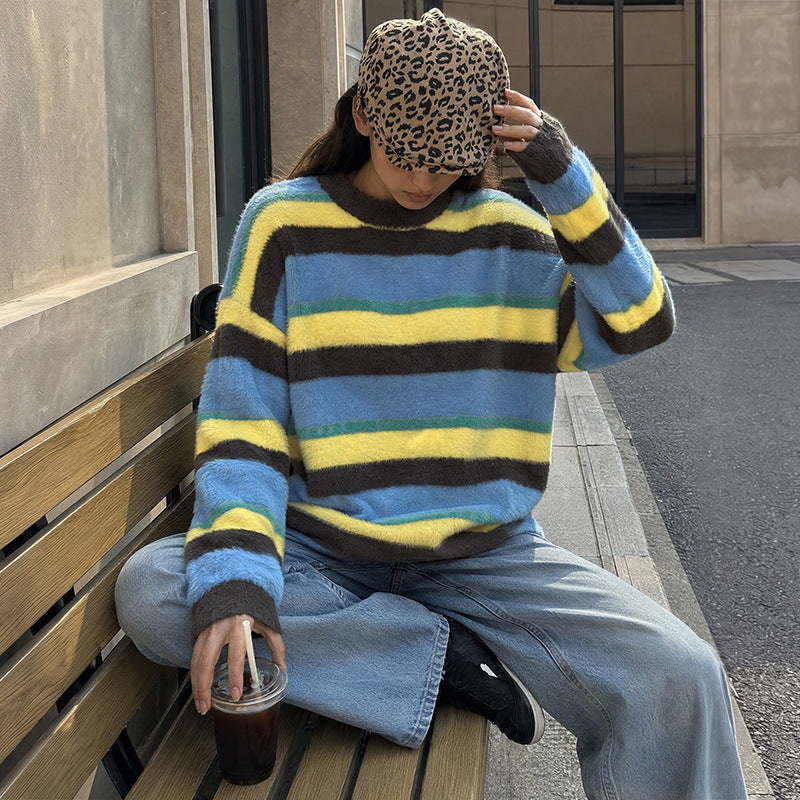 Women's Casual Knitted Sweater with Colorful Striped Pattern Mune Fashion