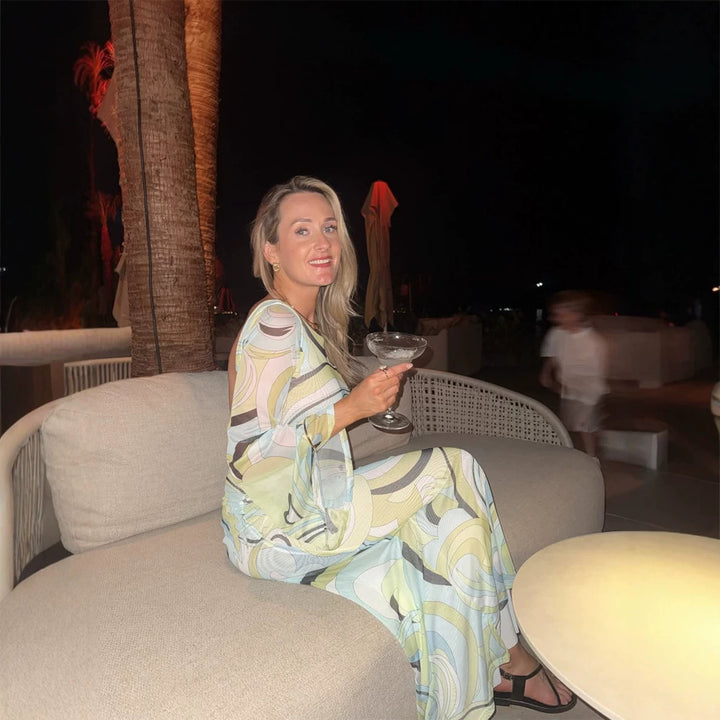 Women’s Long Sleeved Maxi Dress with Abstract Retro Print & Matching Headscarf Mune Fashion
