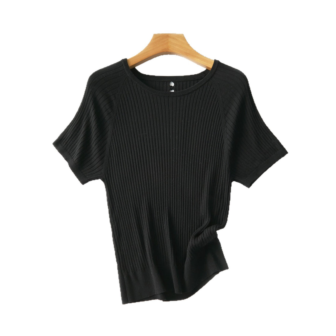 Women's Ribbed Short Sleeve Knit Top with Round Neckline and Keyhole Detail Mune Fashion