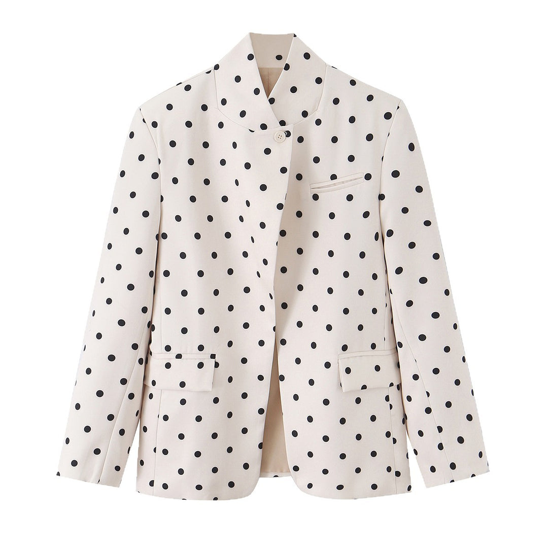 Women's Dotted Boxy Blazer with Stand Collar and Flap Pockets Mune Fashion