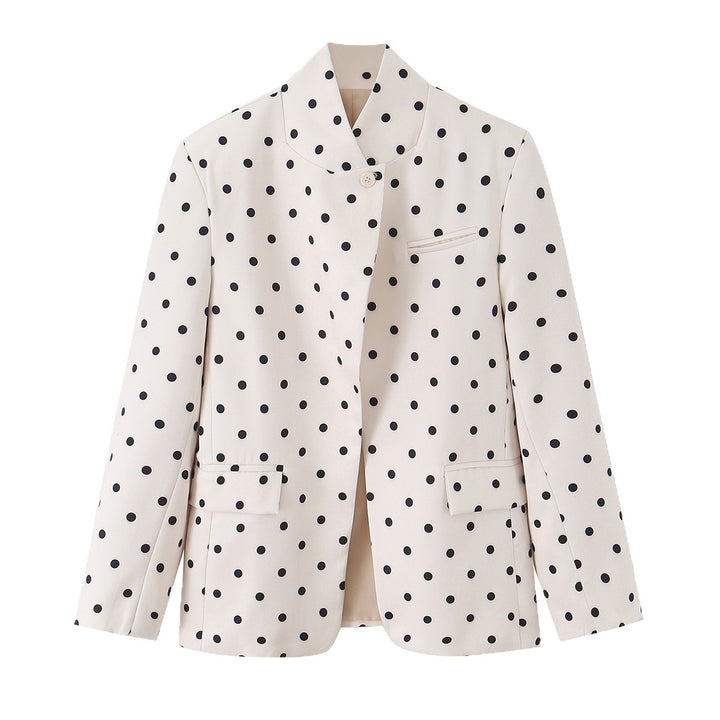 Women's Dotted Boxy Blazer with Stand Collar and Flap Pockets Mune Fashion