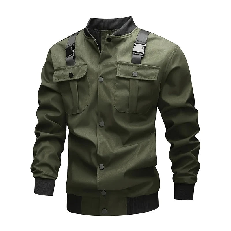 Men's Utility-Style Bomber Jacket with Shoulder Straps, Snap Button Placket & Flap Pockets Mune Fashion