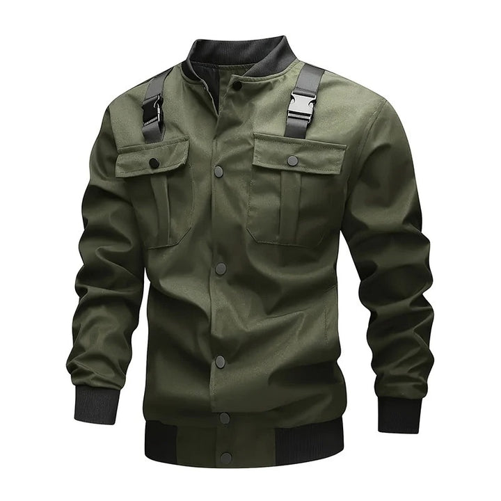 Men's Utility-Style Bomber Jacket with Shoulder Straps, Snap Button Placket & Flap Pockets Mune Fashion