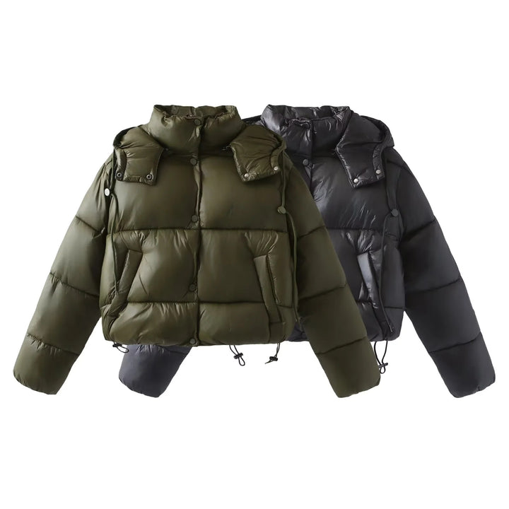 Women's oversized padded short jacket with detachable hood, high stand-up collar, and drawstring hem Mune Fashion
