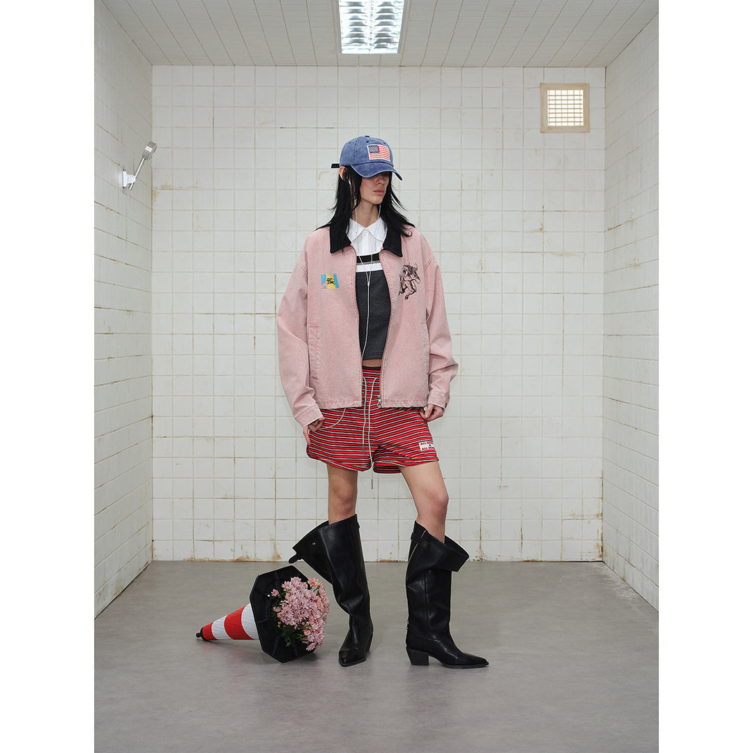 Unisex Boxy Blouson Jacket made of washed cotton twill with cord collar and print details Mune Fashion