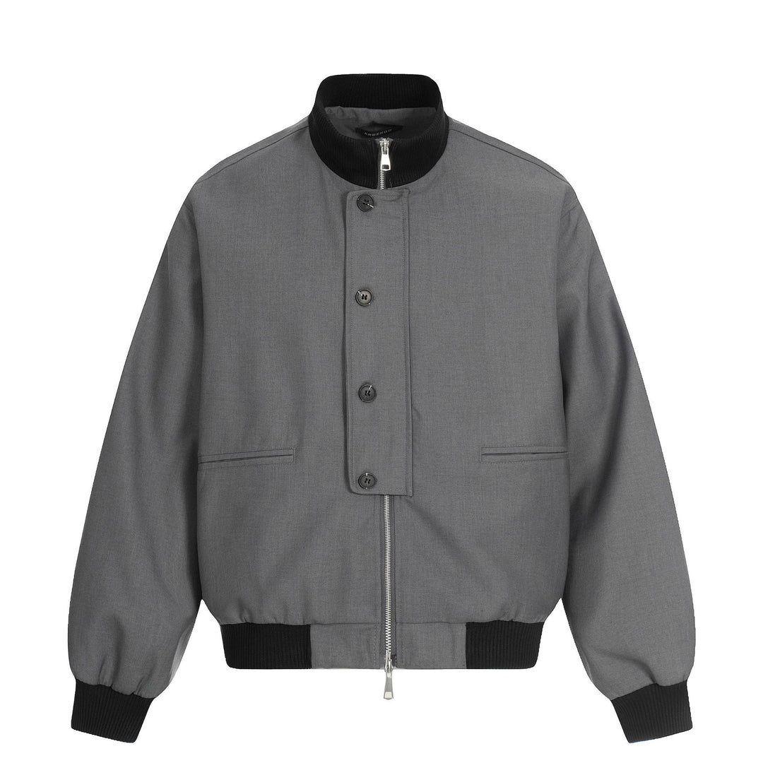 Unisex Short Boxy Bomber Jacket with Concealed Zip Front and High Ribbed Collar Mune Fashion