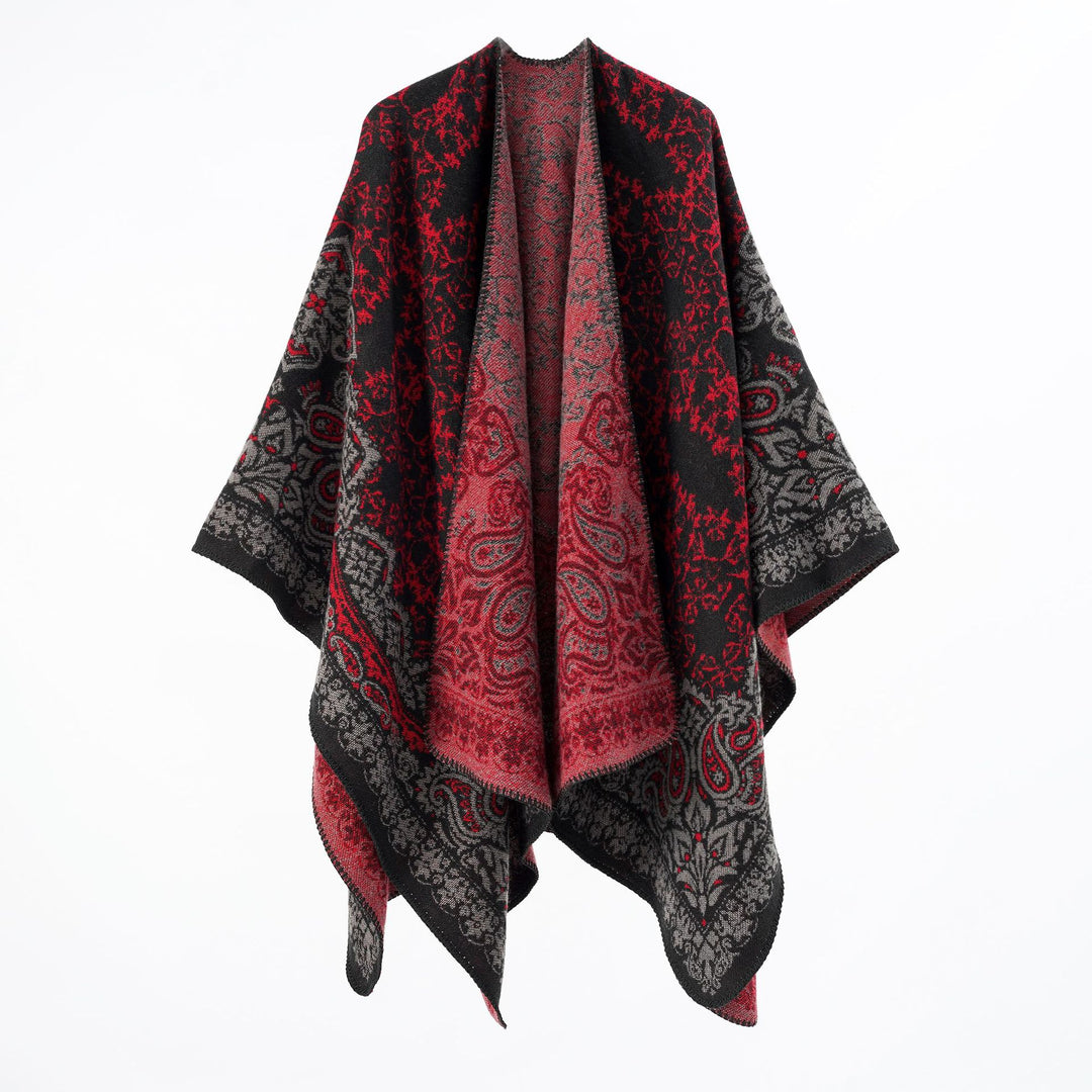 Women's overlay poncho in double-face jacquard with paisley inspiration and decorative stitch edge Mune Fashion