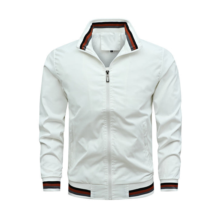 Men's Lightweight Bomber Jacket with Striped Ribbed Cuffs and Stand-Up Collar Mune Fashion