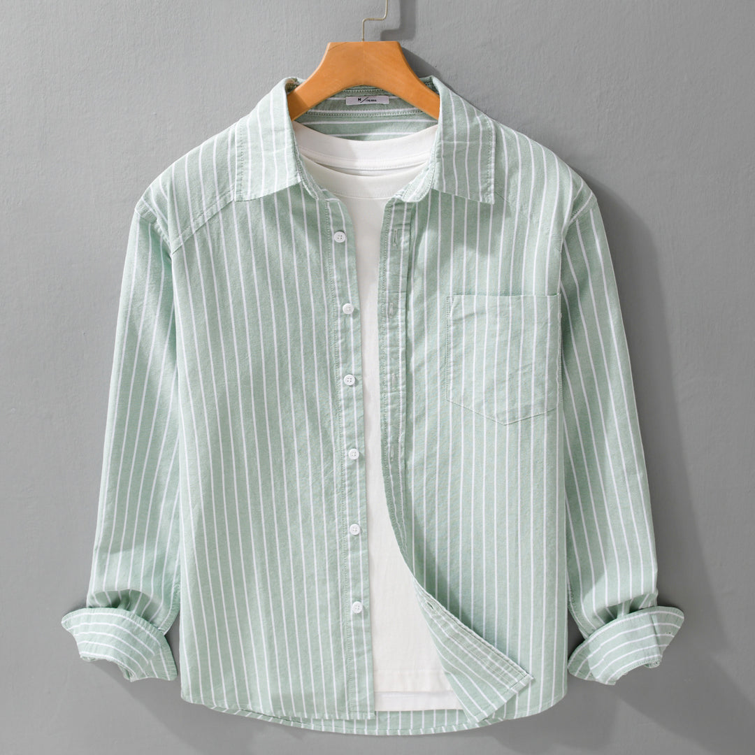 Men's pinstripe layering shirt jacket made of lightweight cotton blend with chest pocket Mune Fashion