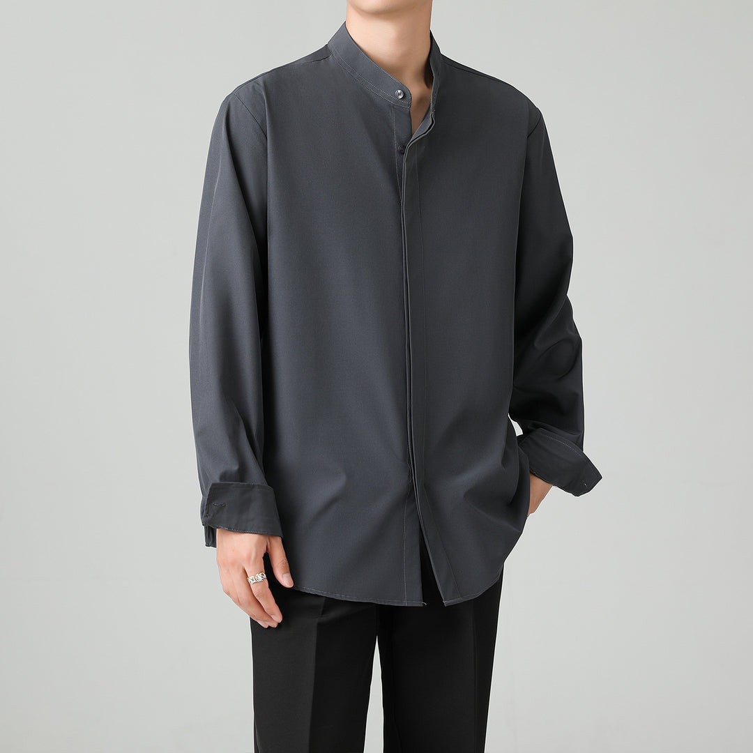 Men's Loose Stand Collar Shirt with Concealed Button Placket Mune Fashion