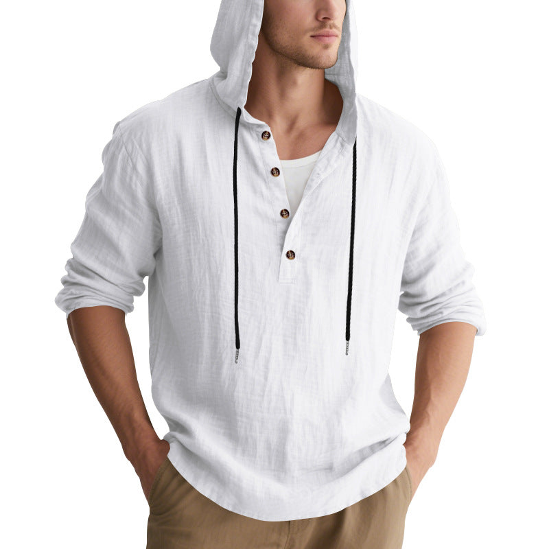 Men's casual linen henley with hood, drawstring and three-button placket Mune Fashion