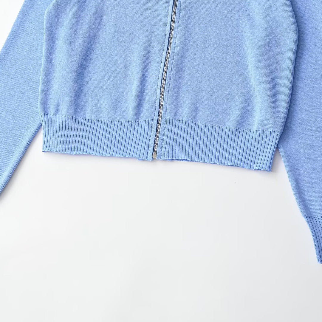 Women Short-cut Cardigan with Wide Lapel Collar and Zipper Mune Fashion
