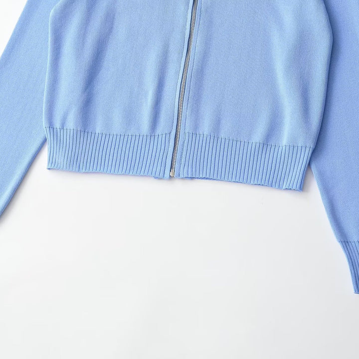 Women Short-cut Cardigan with Wide Lapel Collar and Zipper Mune Fashion