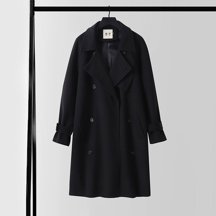 Men's Dramatically Cut Double Breasted Wool Blend Long Coat with Collar Tabs and Tie Belt Mune Fashion