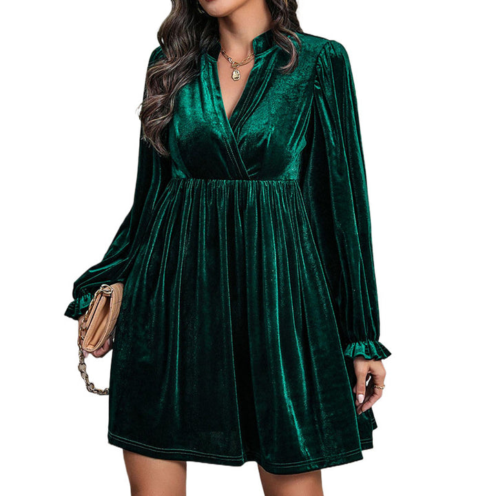 Ladies Elegant Velvet Dress with Deep V-Neck Mune Fashion