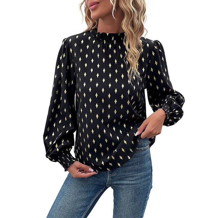 Women's Elegant Ruffled Stand Collar Blouse with Puff Sleeves and Smocking Cuffs Mune Fashion