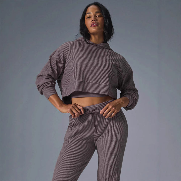 Women Ribbed High-Waist Lounge Pants with Drawstring and Cuffs Mune Fashion
