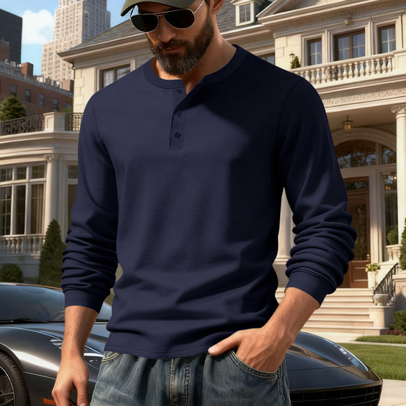 Men's fitted long sleeve Henley shirt with stand-up collar, fine cotton stretch and ribbed cuffs Mune Fashion