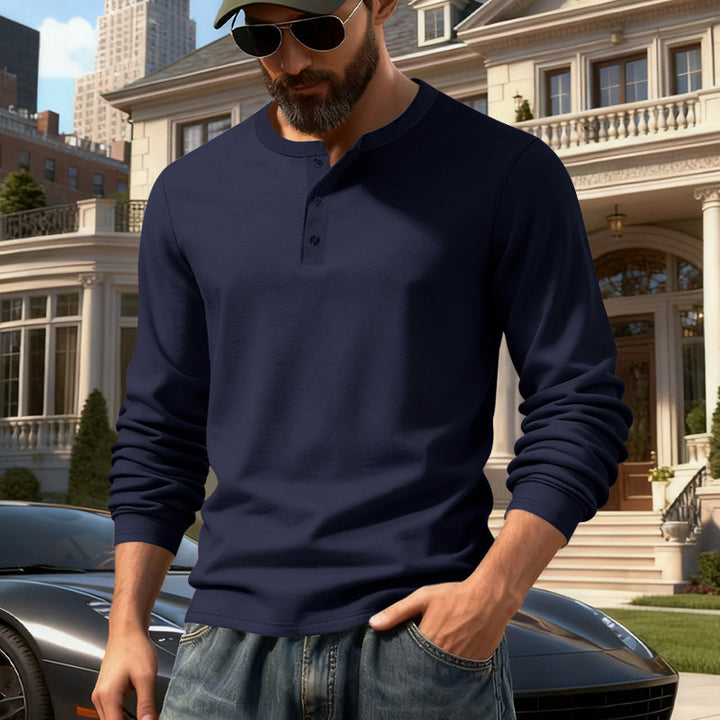 Men's fitted long sleeve Henley shirt with stand-up collar, fine cotton stretch and ribbed cuffs Mune Fashion