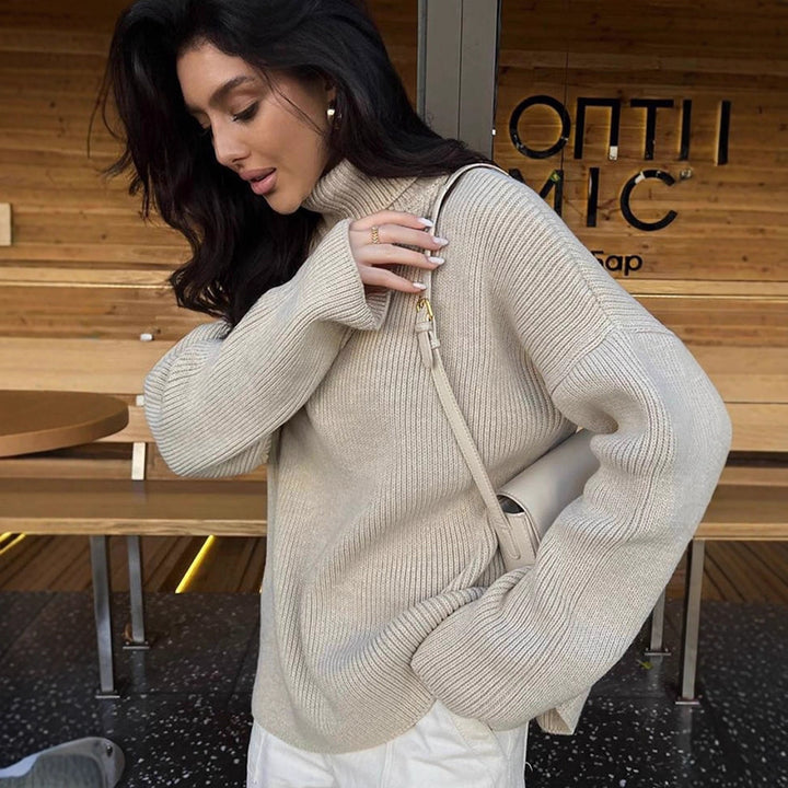Women Oversized Ribbed Knit Turtleneck Sweater with Extended Cuff Mune Fashion