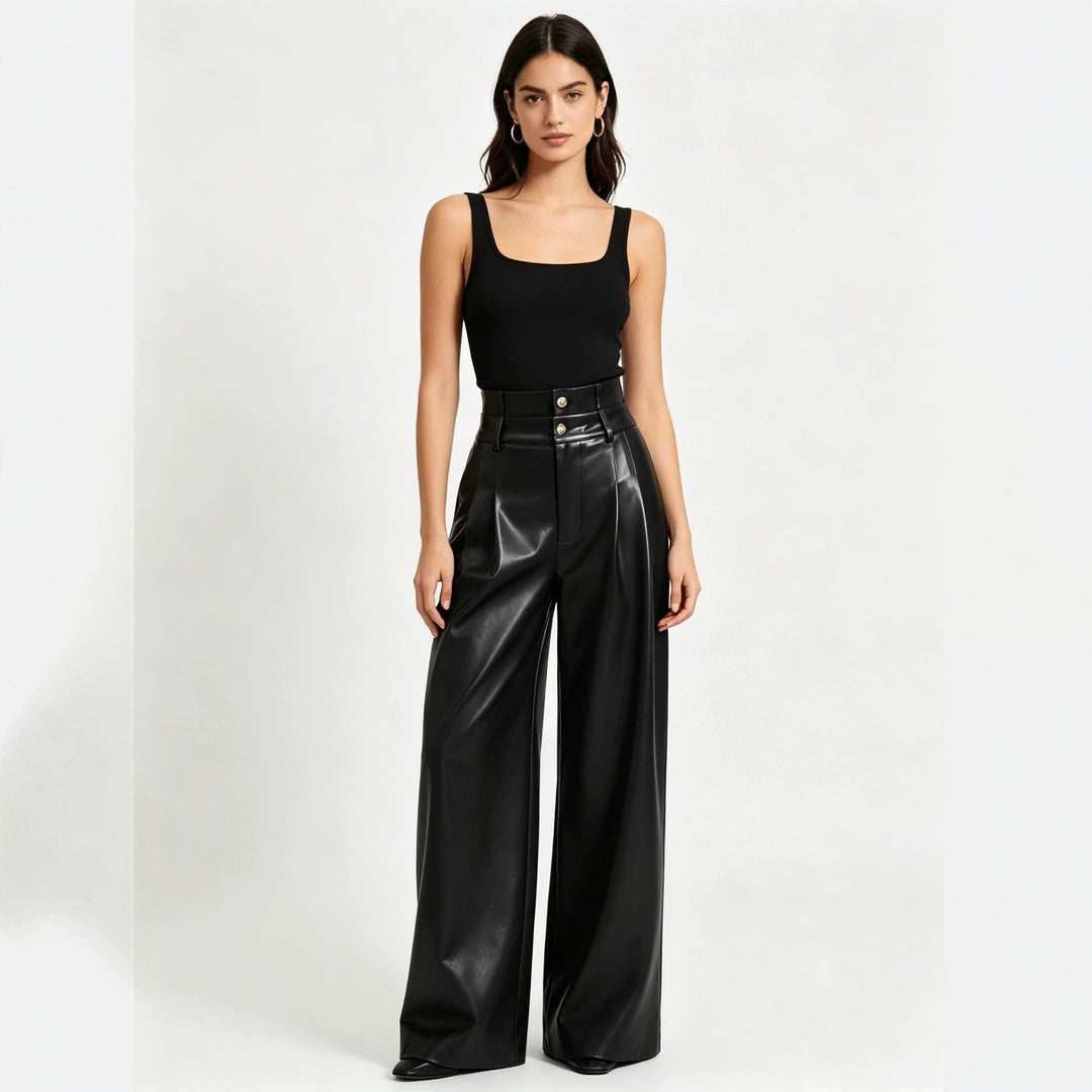 Women High-Waisted Wide-Leg Faux Leather Trousers with Decorative Buttons Mune Fashion