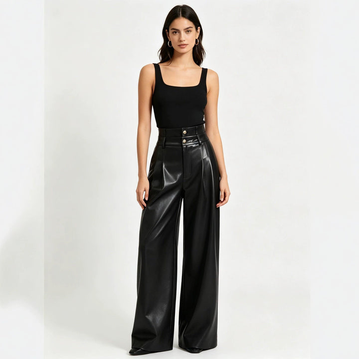 Women High-Waisted Wide-Leg Faux Leather Trousers with Decorative Buttons Mune Fashion