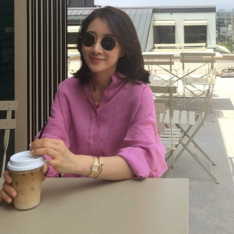 Women's Urban Oversized Linen Shirt with Open Collar and Boxy Silhouette Mune Fashion