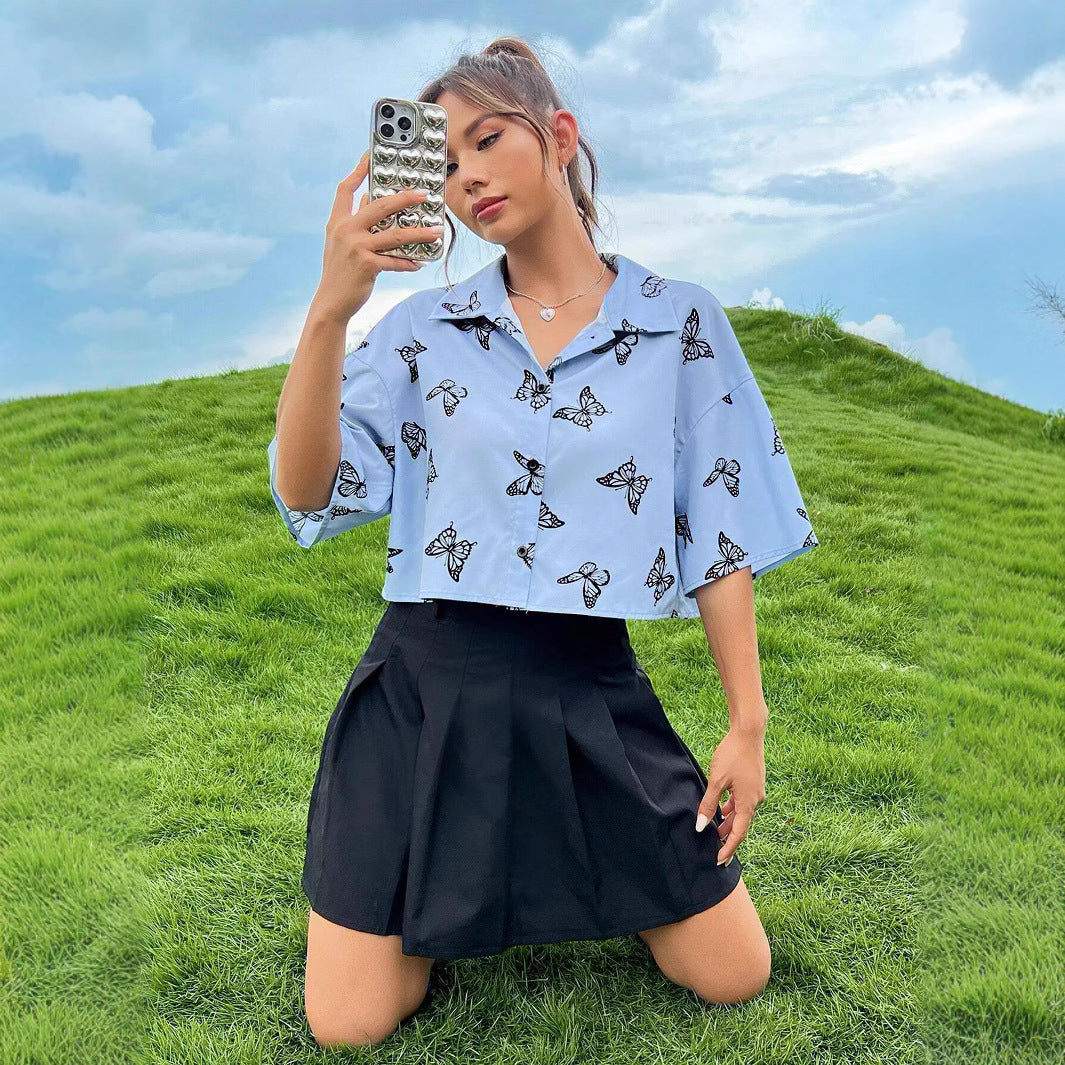 Women's Short Cropped Boxy Shirt Blouse with Butterfly Print Drune