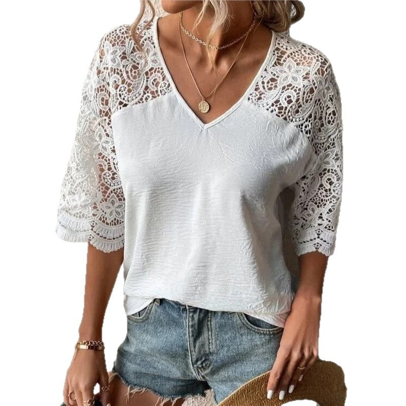 Women's V-neck lace blouse with elbow-length crochet sleeves and lightweight crepe fabric Mune Fashion