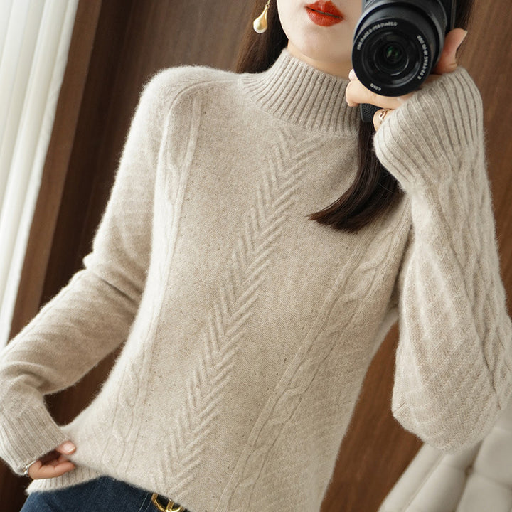 Women Lightweight Mohair-Look Stand Collar Sweater with Cable-Lace and Tailored Silhouette Mune Fashion