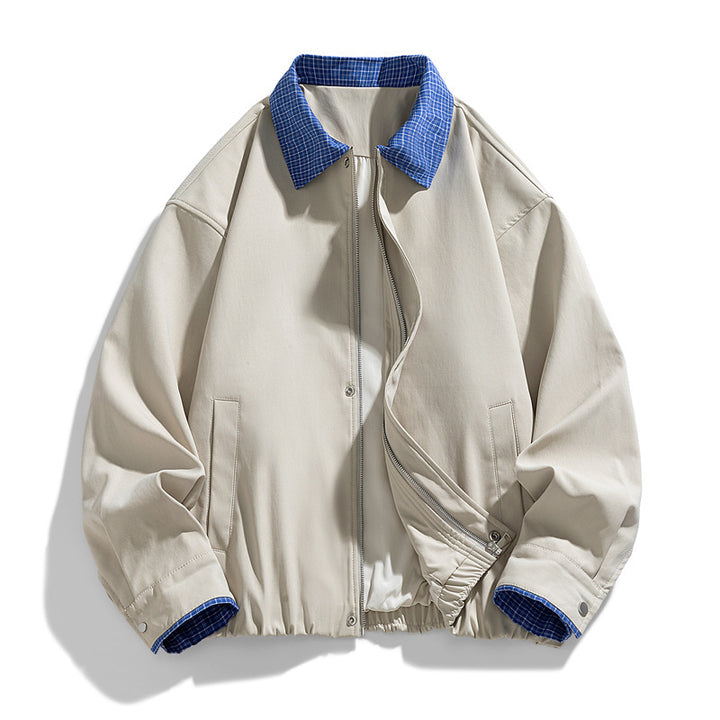 Women's Fashion Blouson Jacket with Check Collar Mune Fashion