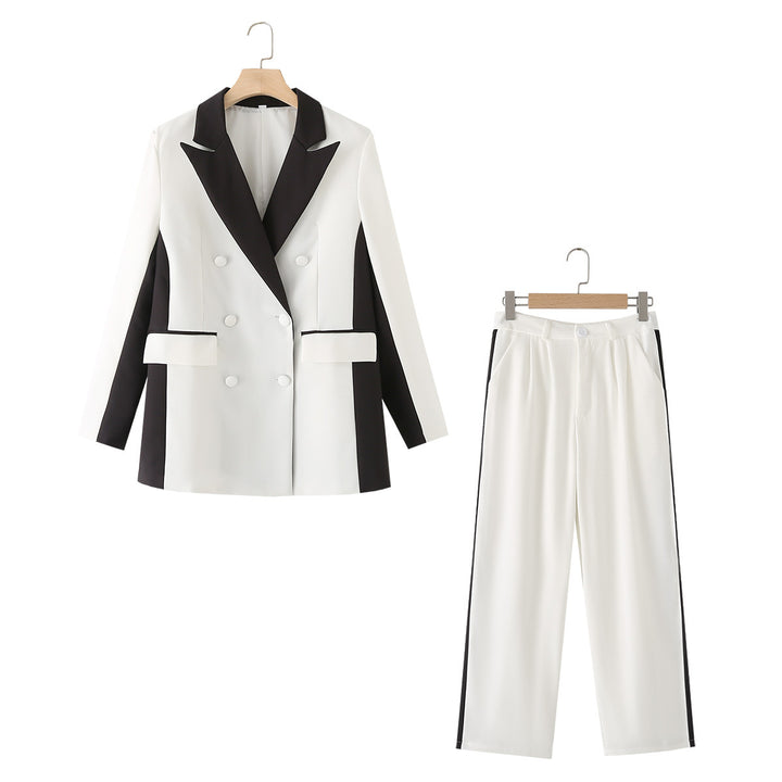 Women's elegant two-piece blazer with contrasting side panels and tailored pleated trousers Mune Fashion